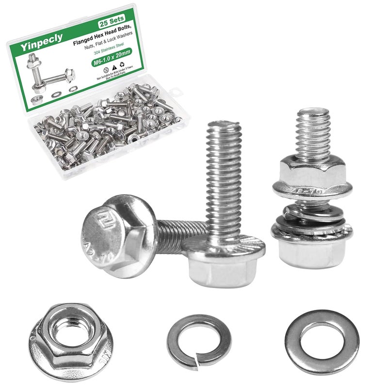 Yinpecly 25 Sets M6-1.0 x 20mm Flanged Hex Head Bolts Kits, M6 Flange Hexagon Screws and Nuts,Flat & Spring Lock Washers,18-8 (304) Stainless Steel,Metric Bolt Assortment, Fully Threaded - Image 1